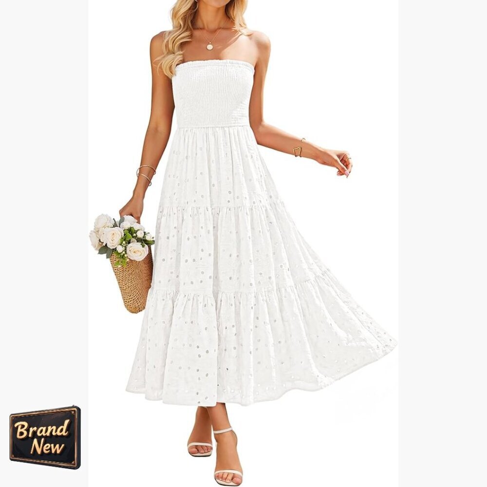 Strapless Midi Dress with Pockets, Smocked Bodice, Eyelet Embroidery